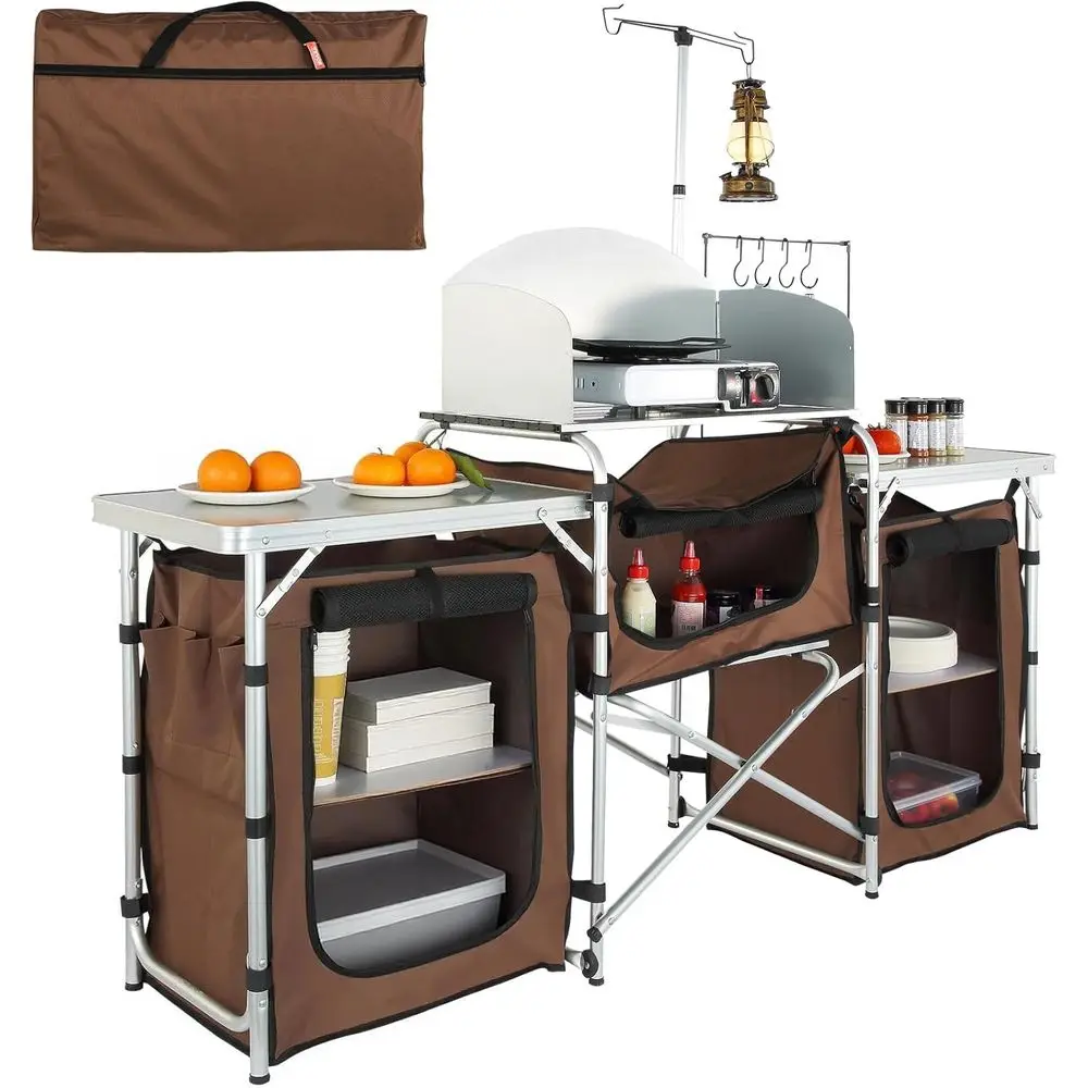 

Camping Kitchen Table, olding Outdoor Cooking Table with Storage Carrying Bag, Cook Station 3 Cupboard & Detachable Windsn, Quic