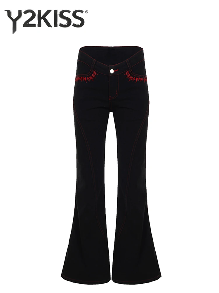 

2025 Autumn Winter Women Dark Academia Black Embroidery Denim Pants Bootcut Jeans Y2k Harajuku Stacked Jean Skinny Bell Bottom