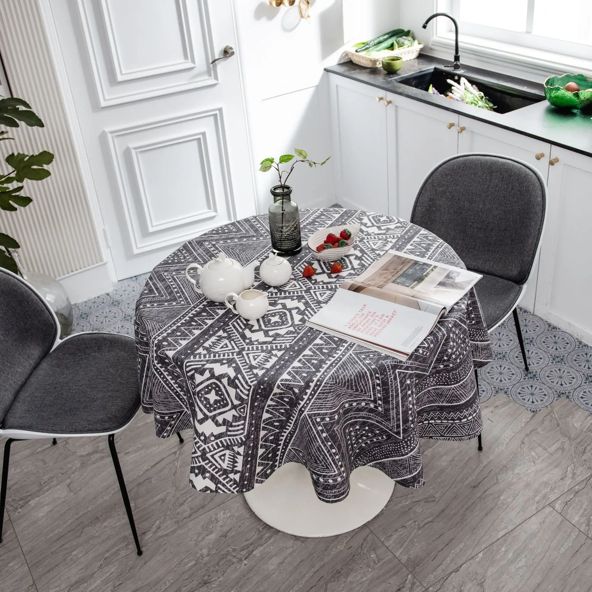 1 Piece Round 150cm Ethnic Style Bohemian Tablecloth Cotton Linen Printed Grey Black Geometric Living Room Table Cloth Cover
