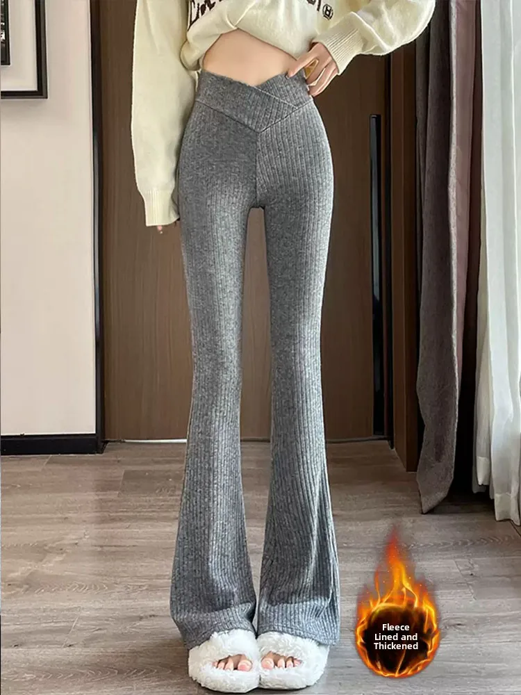 

Серые вязаные брюки с высокой талией и микро-клешем для женщин, осенне-зимние, новые, на флисе, драпированные, облегающие, повседневные, длинные брюки