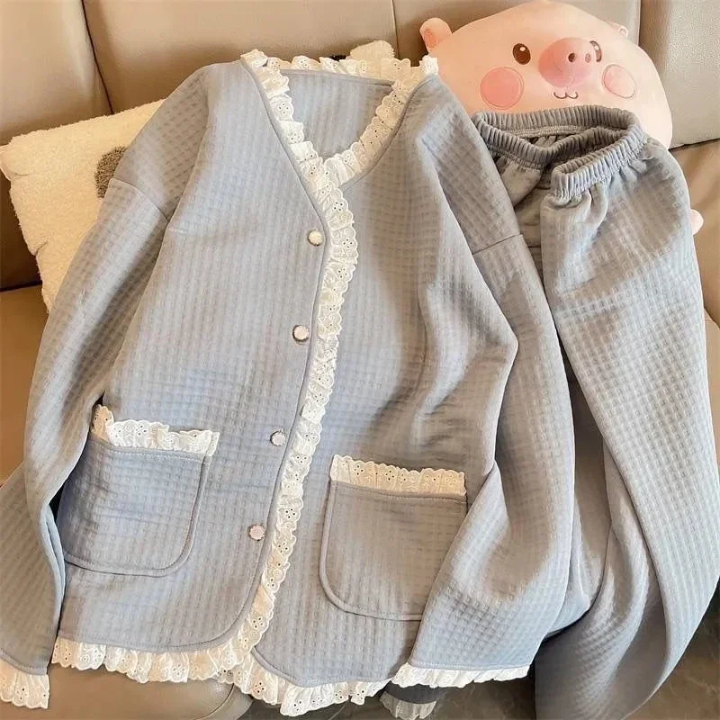 Korea Style Women's Pajama Set Long Sleeve Plaid Ladies Sleepwear 2 Pcs with Pant Single Breasted Sweet Pyjama Suit for Female