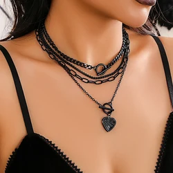PuRui Gothic Black Heart Star Pendant Necklace for Women Multilayer Metal Link Choker Jewelry Clavicle Neck Chain Gifts Party