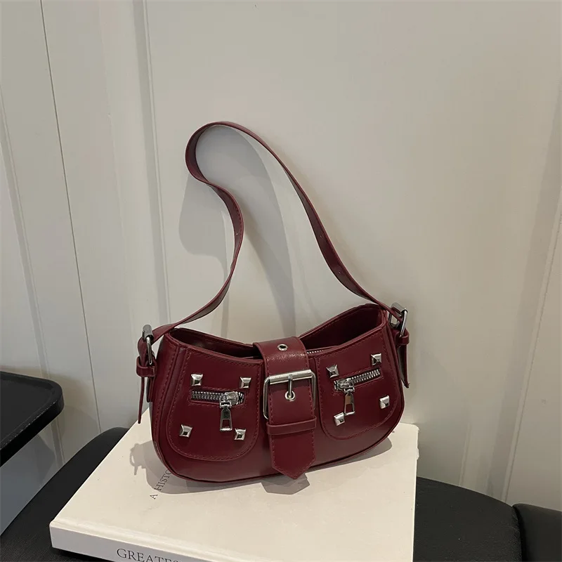 Vintage Y2k Lock Design Pu Shoulder Bags for Women Versatile Rivet Cool Hot Girls Underarm Bag Solid Color Ladies Phone Handbag