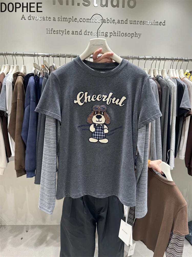 

Искусственная двухсекционная футболка в полоску с длинным рукавом, женская новая осенняя универсальная хлопковая базовая футболка с круглым вырезом, повседневные женские футболки с мультяшным бисером