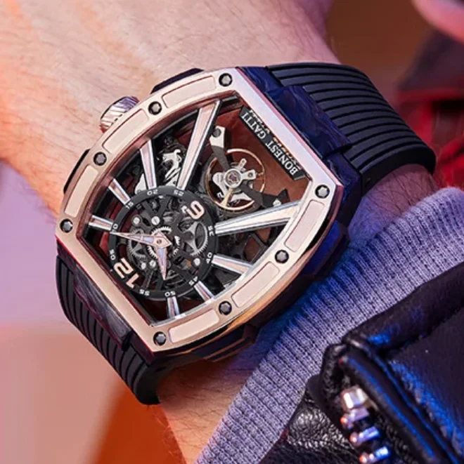 BONEST GATTI Men Automatic Watch LuxuryTonneau Mechanical Wristwatch Carbon Fiber Waterproof Sapphire Luminous Skeleton Dial