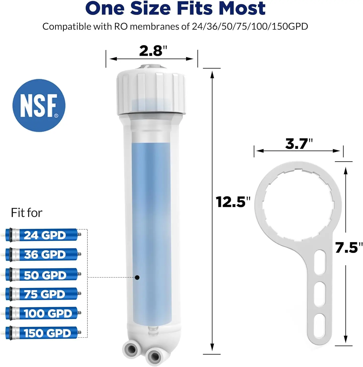 1812/2012 24-150 GPD Reverse Osmosis Membrane Filter Housing Replacement with Elbow Fittings, Housing Wrench, Check Valve