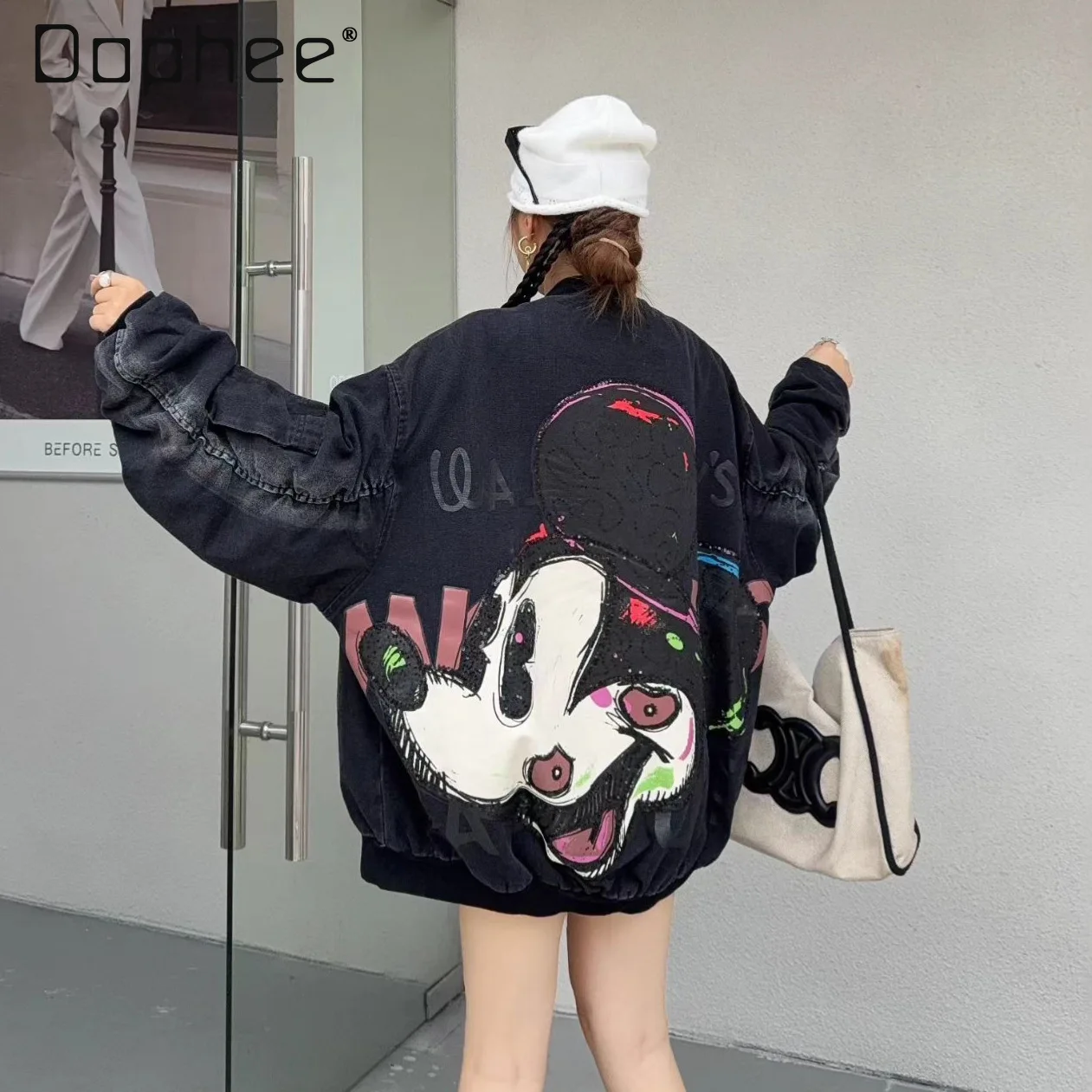 

Cartoon Sequin Denim Jacket Women's Sweatshirt 2025 Autumn New European Fashion Loose Embroidered Baseball Jacket Top