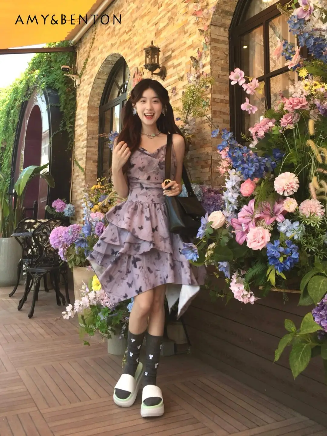 

French Style Purple Suspender Slim High Waist Dress 2025 Summer New Butterfly Print Waist Thin Irregular Spice Girl Dress
