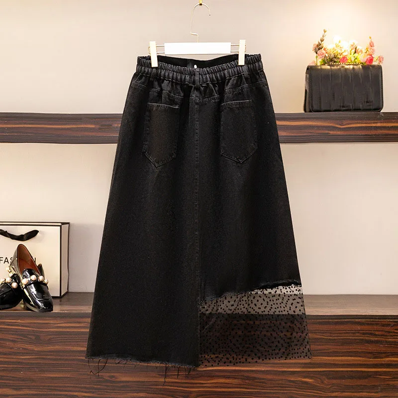 150Kg Plus Size Women\'s Summer Slit Mesh Denim Skirt Loose High Waist Irregular A-line Skirt Black Hip 153 5XL 6XL 7XL 8XL 9XL