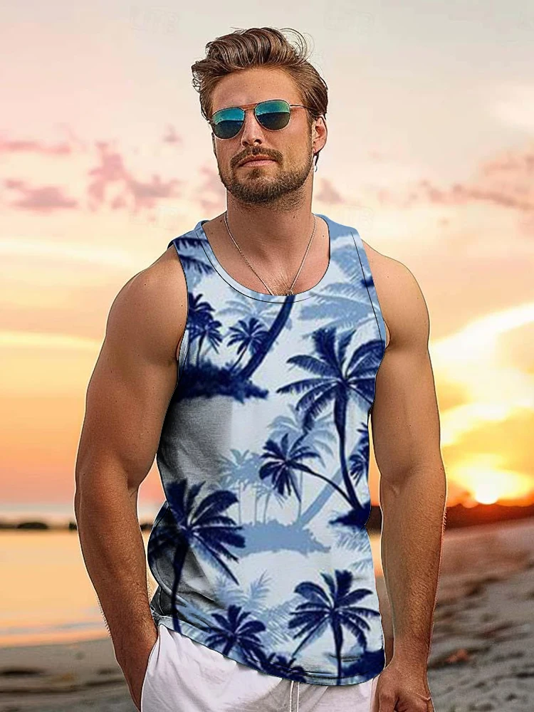 Hawaiian Style Men's Tank Tops Seaside Vacation Casual Men's Tank Tops Summer Travel Loose Comfort Top Sunset Coconut Tree Print