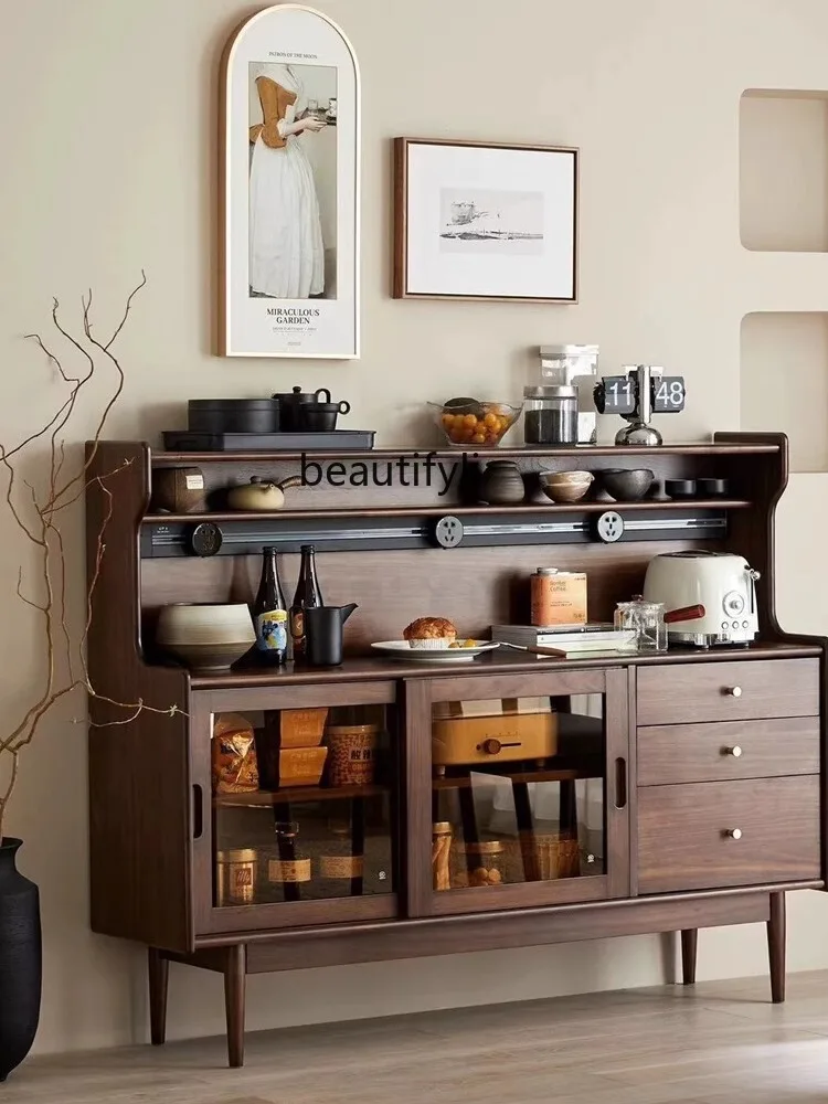 Black walnut solid wood dining side cabinet, locker, living room integrated storage cabinet against the wall