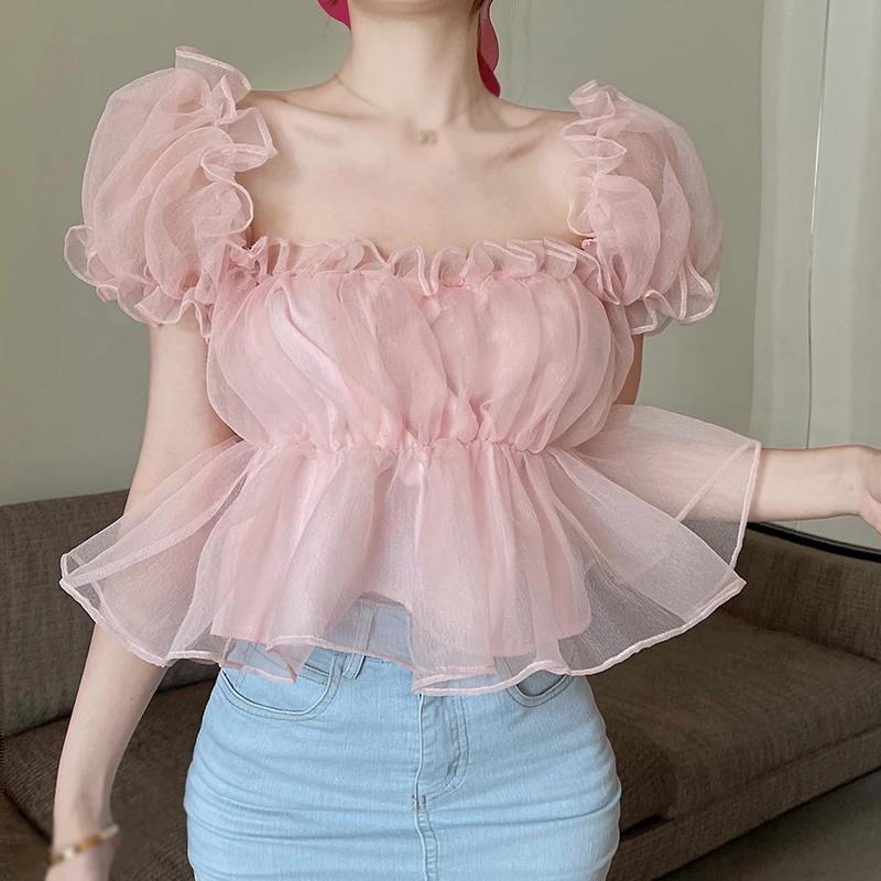 Short Puff Sleeves Blouse Women One Shoulder Top Sweet Square Neck Short Sleeve Shirt Female Sexy Chiffon Blouse Tops