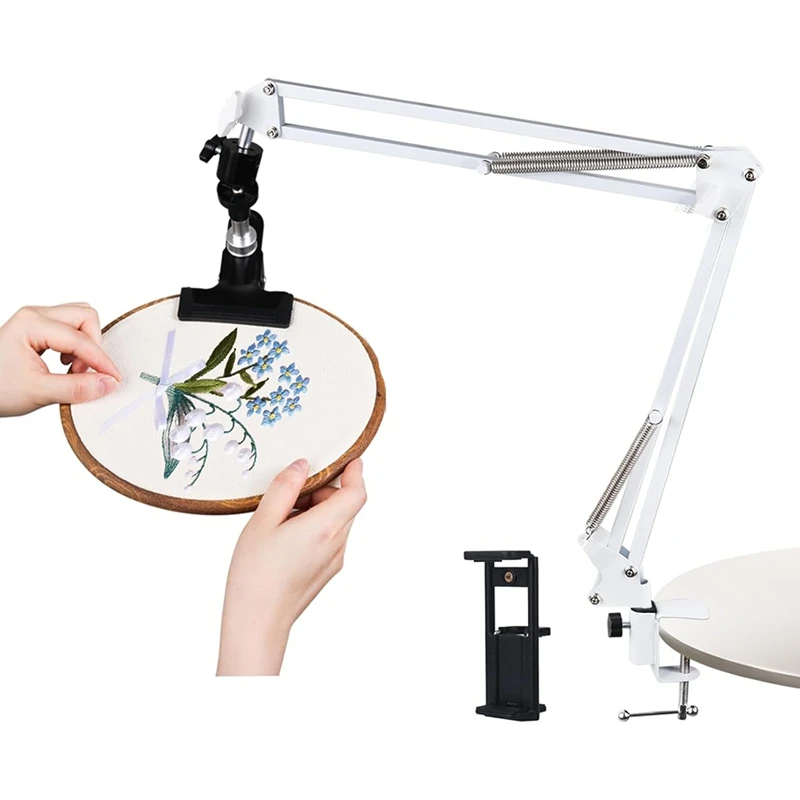 HOT-Adjustable Embroidery Hoop Holder For Handwork, 360° Rotatable, 3-In-1 Hoop/Tablet/Phone Holder Desktop Stand