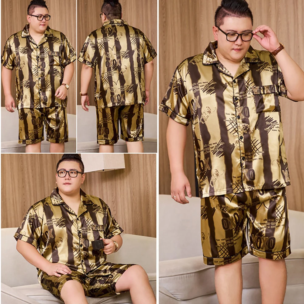 3XL-5XL For 165kg Big Size Men\'s Pajamas Summer Ice Silk Thin Breathable Male Sleepwear Casual Plaid Pajama Sets Pijama Hombre