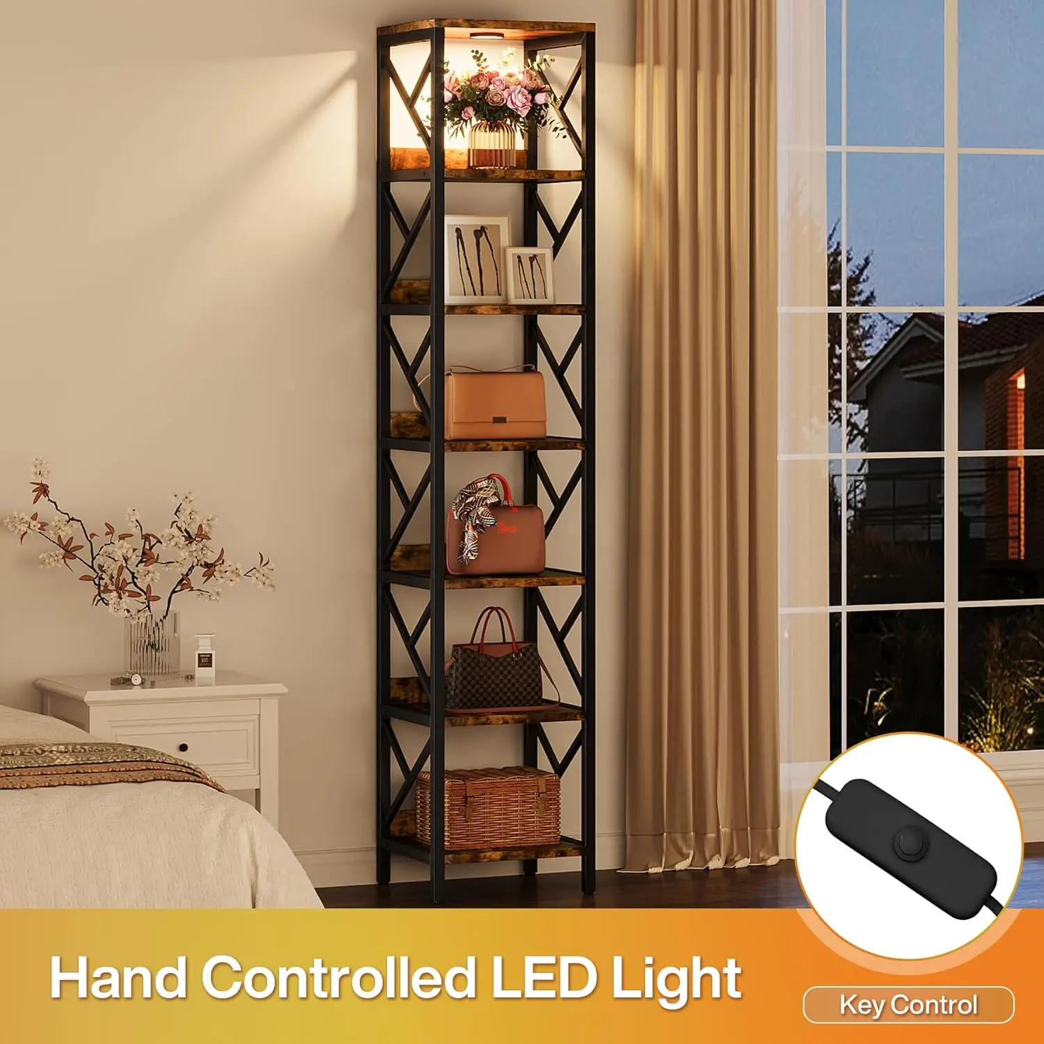 78.7 H Extra Tall Narrow Bookshelf With Led Light, 7 Tier Skinny Bookcase For Small Space, Freestanding Display Corner Shelf,