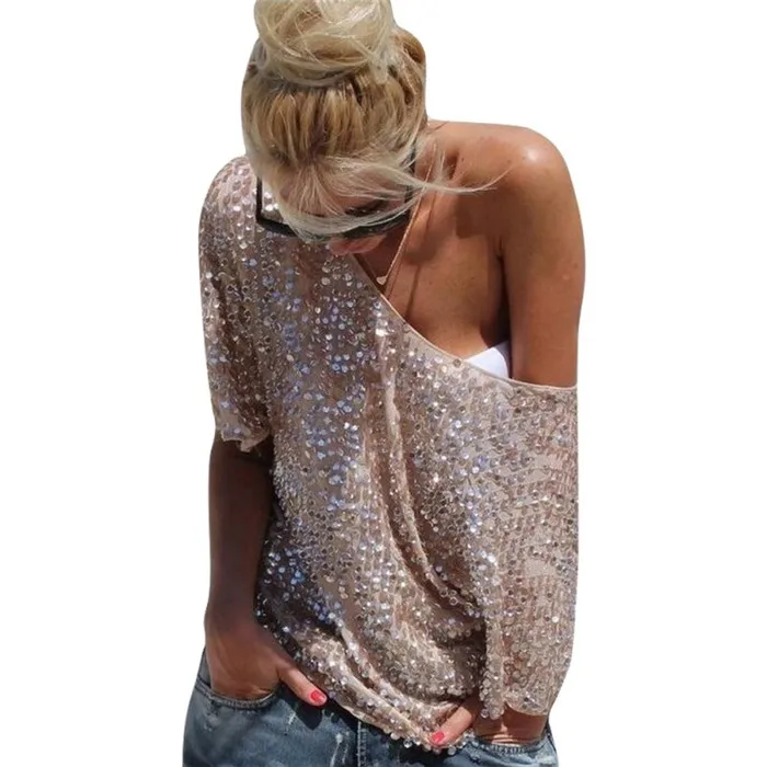 Women Lady Sequin Stitching Blouse Fashion Bling 3/4 Sleeve Shirt Tops Summer Shirt plus size Women Clothing S-5XL