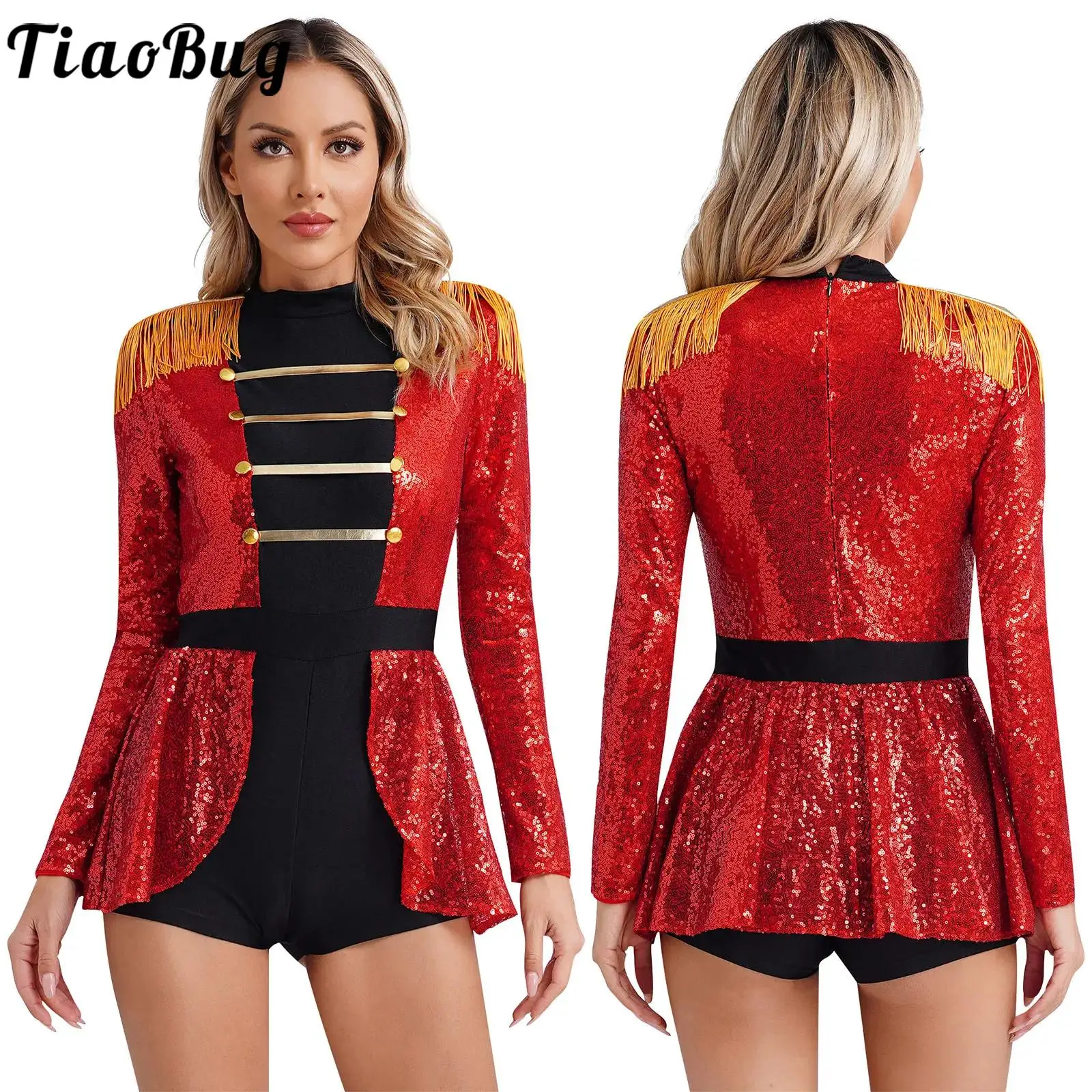 Women Circus Ringmaster Cosplay Costume Shiny Sequins Long Sleeve Fringed Shoulder Leotard Dress Halloween Jumpsuit Costume