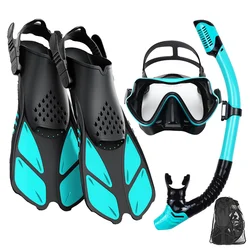 Mask Fins Snorkel Set, Snorkeling Gear for Adults, Panoramic View Snorkel Mask Anti-Fog, Adjustable Dive Flippers, Dry Top Snork