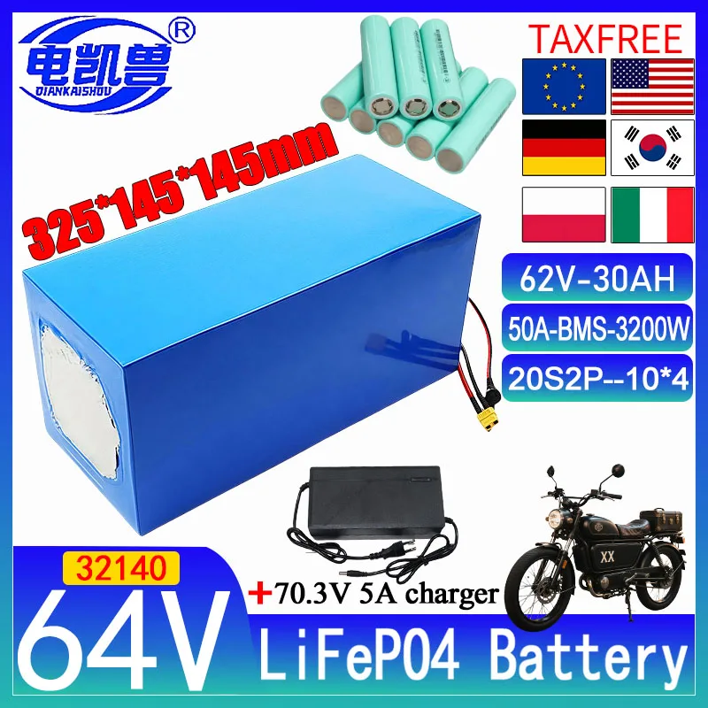 

32140 64V 30Ah LiFePo4 Battery Rechargeable Battery Pack 20S2P Built in BMS 3200W Motor High Power 70.3V+5A Charger duty-free