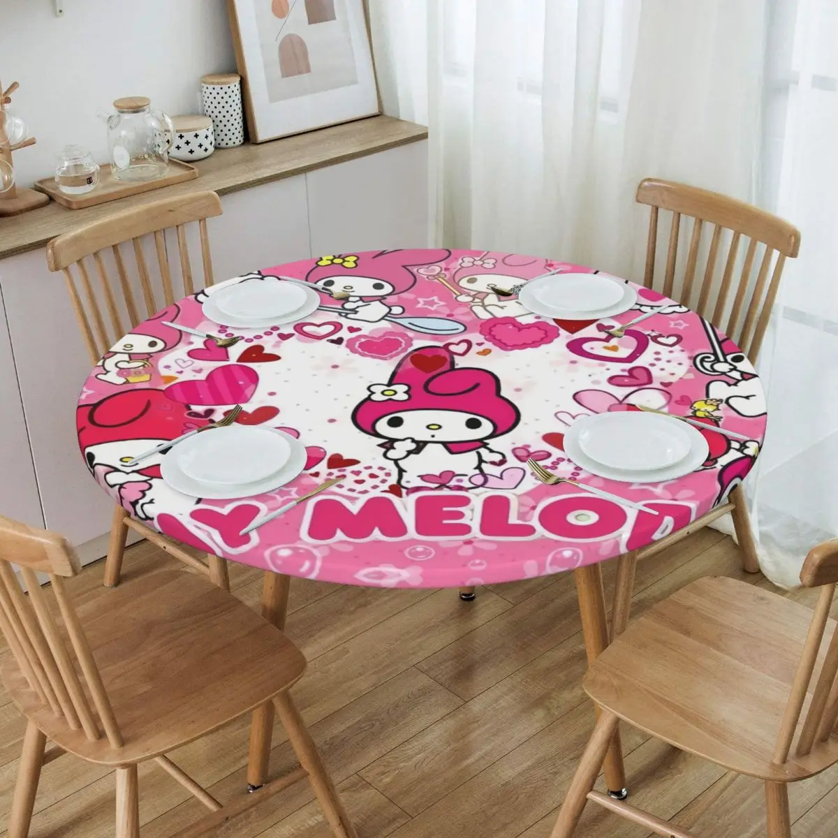 Customized Cartoon My Melody Sanrio Japan Anime Tablecloth Round Elastic Waterproof Table Cover Cloth for Banquet