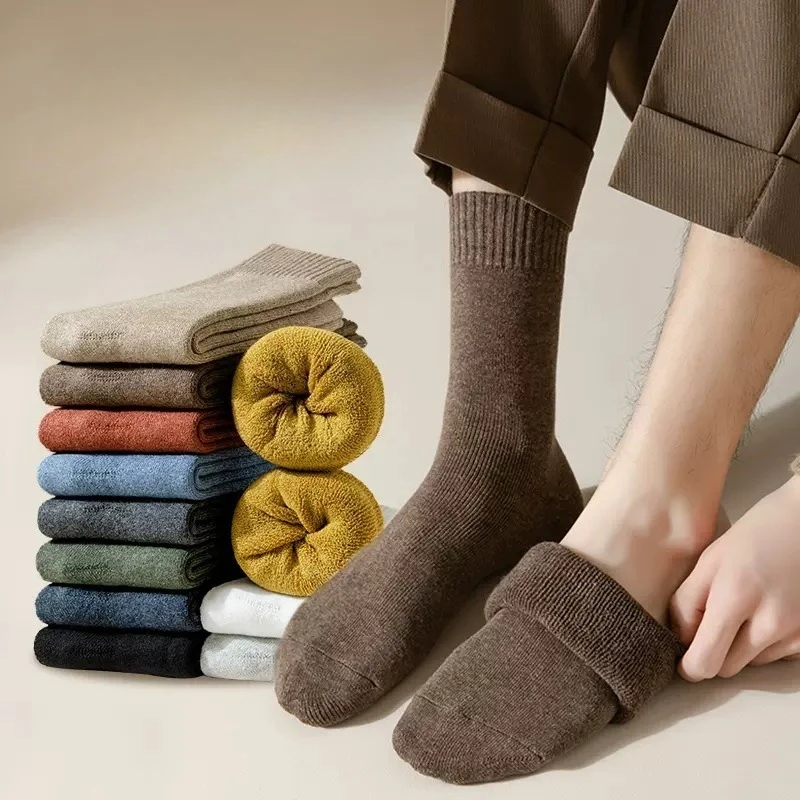 5 Pairs Fall Winter New Warm Fleece Lined Thickened Crew Socks,Unisex Retro Solid Color Floor Socks,Slimming Versatile Ski Socks