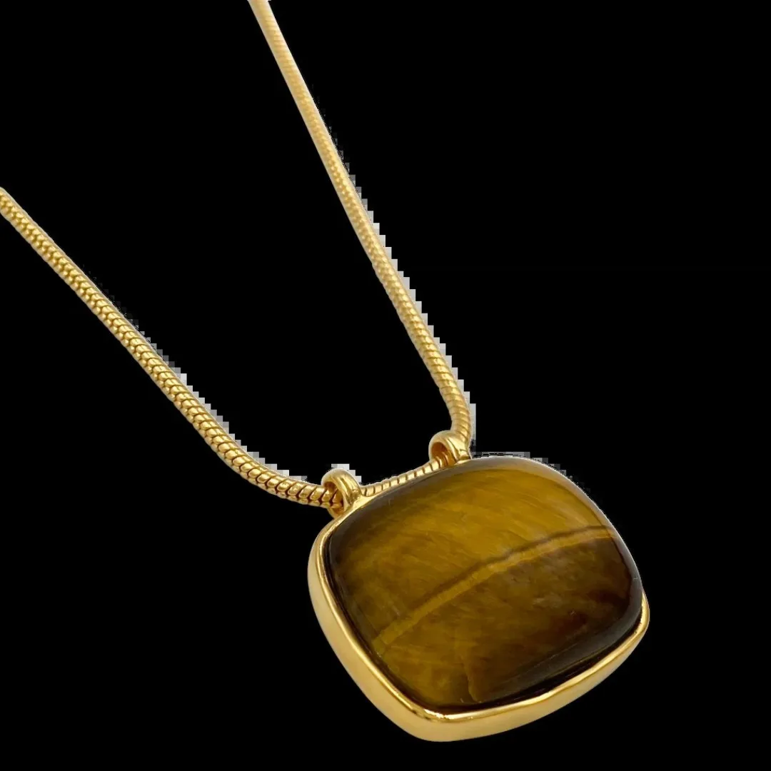 Ins Designer Natural Tiger's Eye Stone Square Gems Charm Pendant Long Necklaces 18K Gold Plated Stainless Steel Chain Necklace