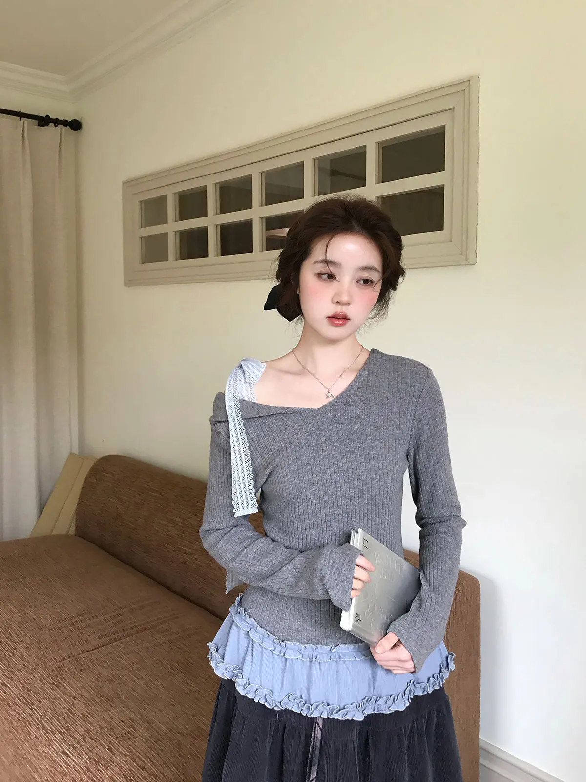 

Вязаный топ большого размера с кружевом, женский многослойный топ с v-образным вырезом, дизайн для еды сыра, повседневный утягивающий весенний модный топ