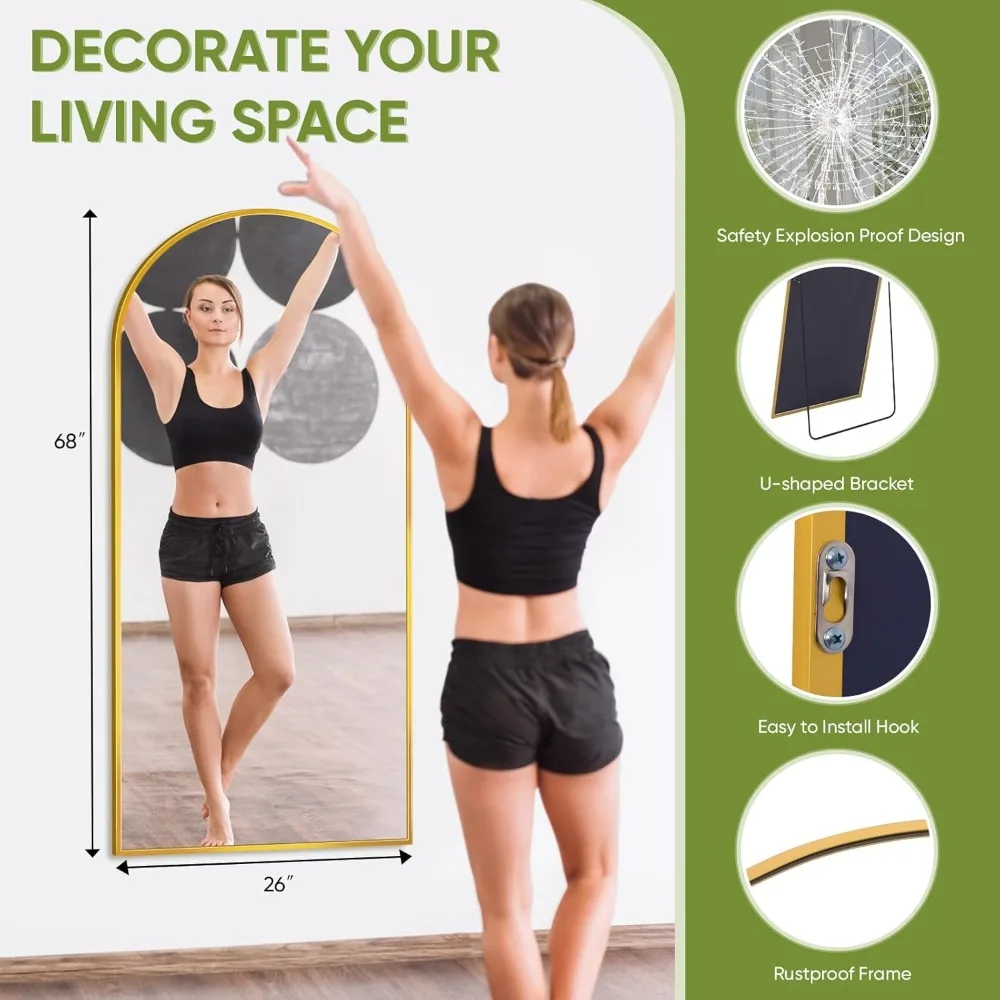 Arched Style Full-Length Standing Mirror with Stand, 68x26 Inches, Ideal for Bedroom, Living Room, Gym, Dorm - Shatter-Resistant