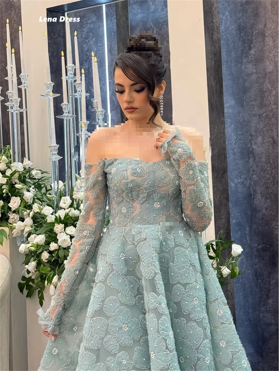 Lena mangas compridas vestidos de baile 2025 luxo feminino elegante vestido de festa mulher 2025 fora dos ombros linha personalizada uma flores