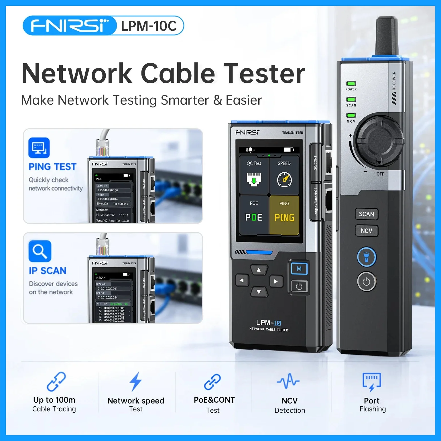 FNIRSI LPM-10C Multifunctional Network Cable Tracker RJ45 RJ11 PING IP Scanner with Ethernet PoE Detector LAN Cable Fault Finder