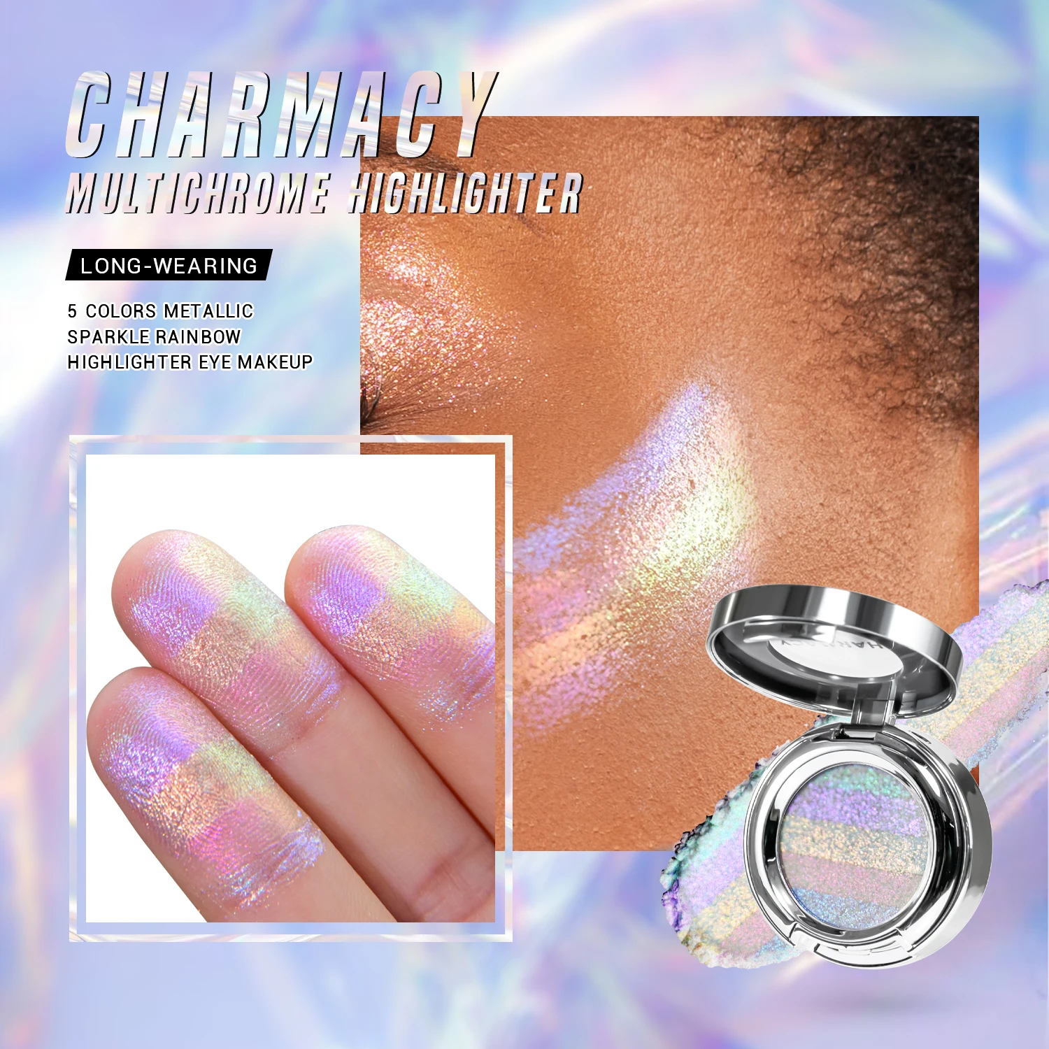 CHARMACY Rainbow Duochrome Highligter-sombra de ojos multicromada de larga duración, 5 colores, maquillaje cosmético para mujeres