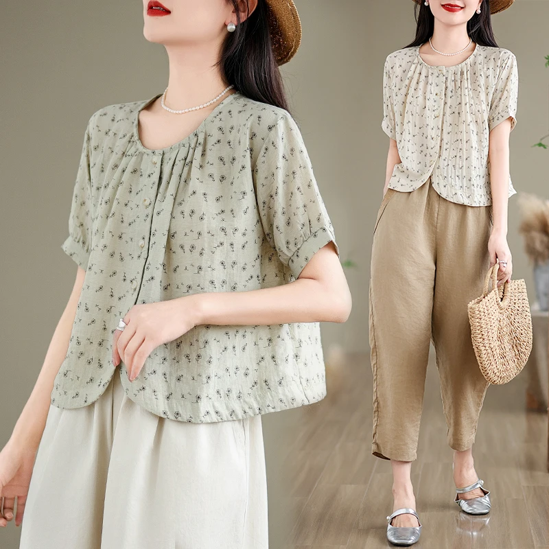 

Retro Floral Print Women's irt Summer Design Unique Bubble Sve Versatile Chic Top Cotton Blend ort Sve round Ne