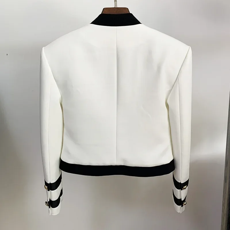 Women\'s White Black Patchwork Blazer Jacket Newest 2024Designer Collarless Lion Buttons Female Clothing Fashion Lady Band Coats