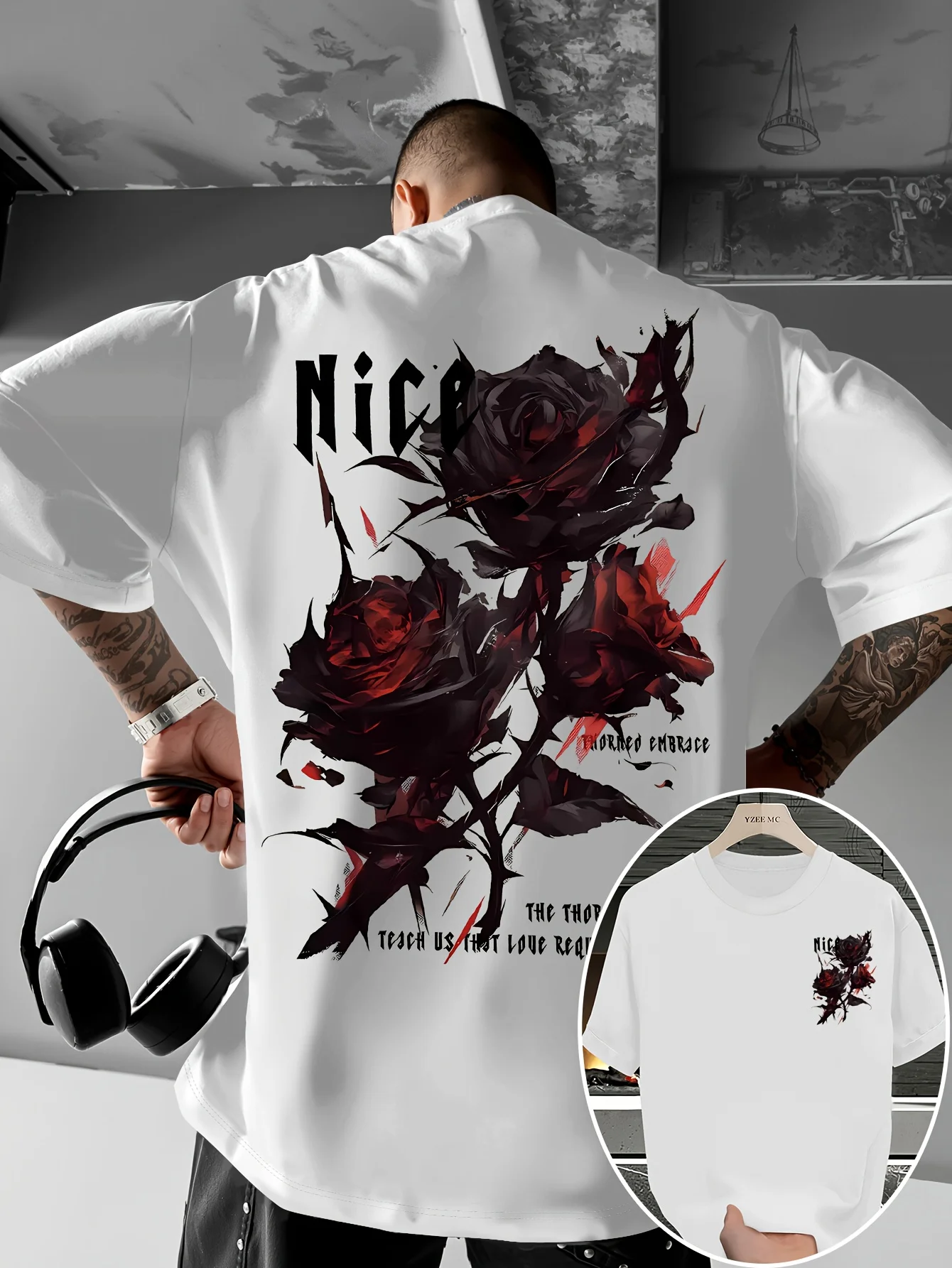 Amerikanischer Retro-Stil Rosen-Dornen-Buchstabenmuster Herren T-Shirt für Sommer Street Fashion aus 100% Reiner Baumwolle mit Weicher Textur