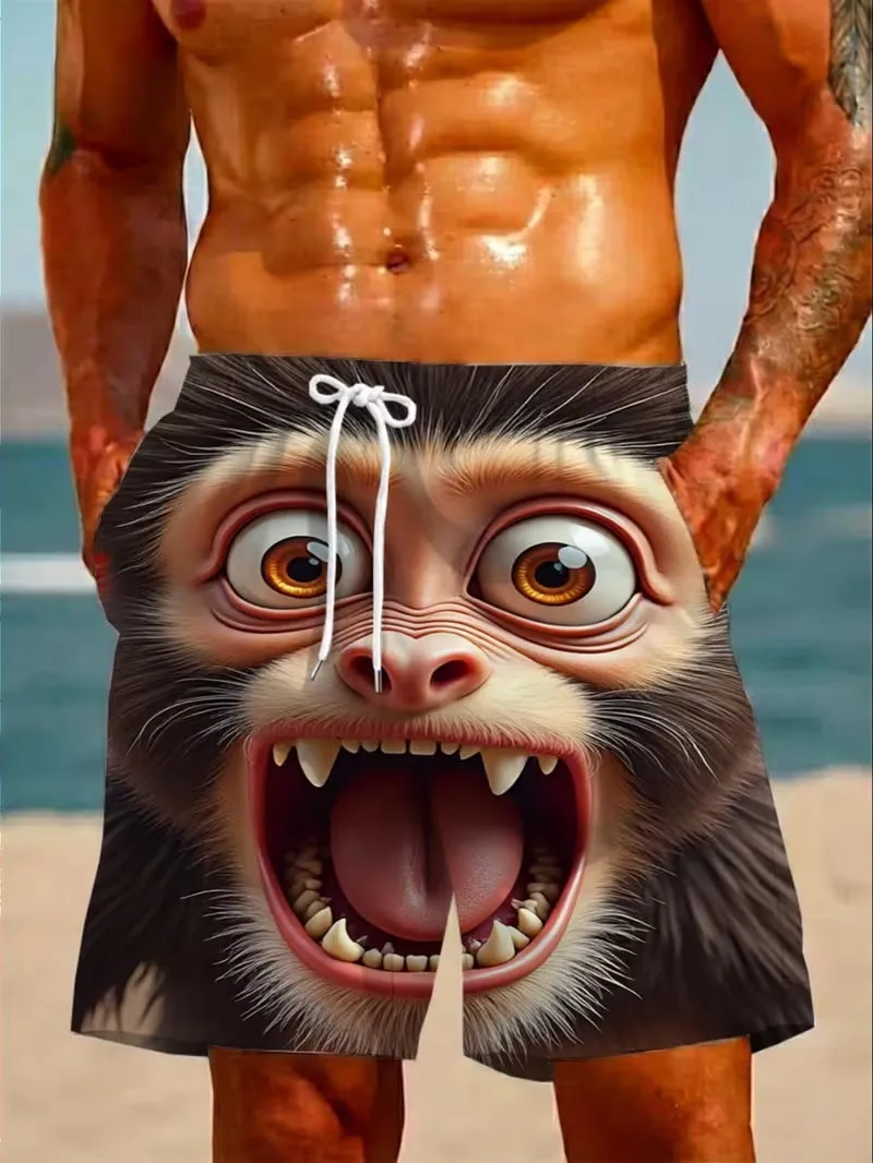 

Men's 3D Funny Monkey Face Print Beach Shorts Cartoon Monkey Graphic Quick Dry Swim Trunks Summer Vacation Surf Shorts