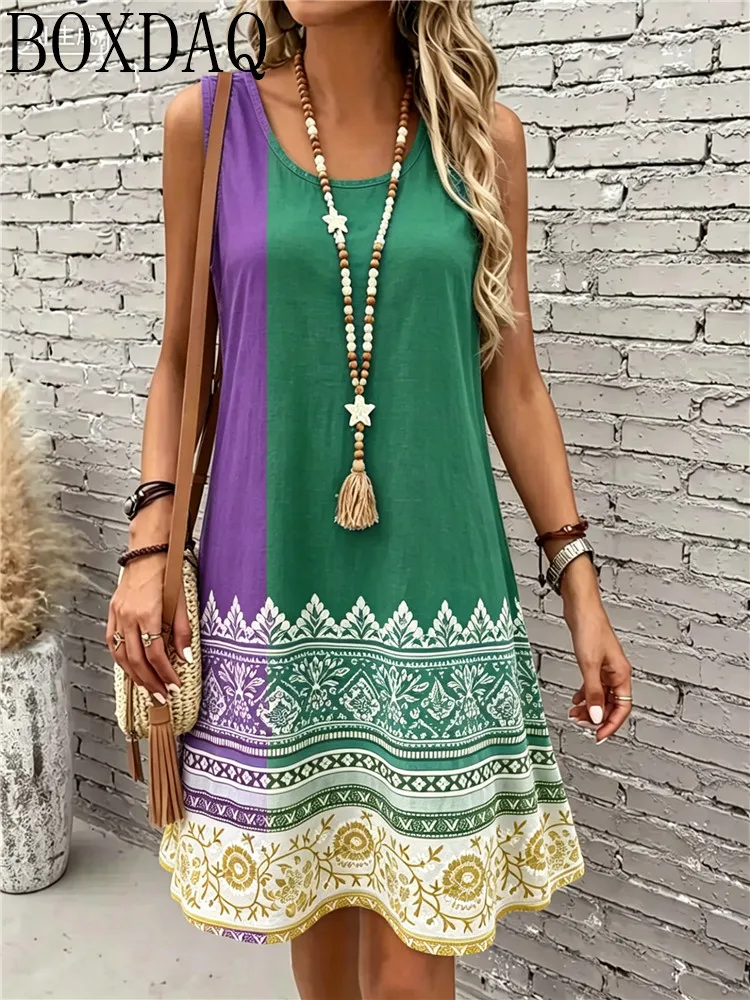 Women's New Summer Round Neck Sleeveless Loose A-Line Flower Multi-Color Printed Fashionable and Elegant Party Dress