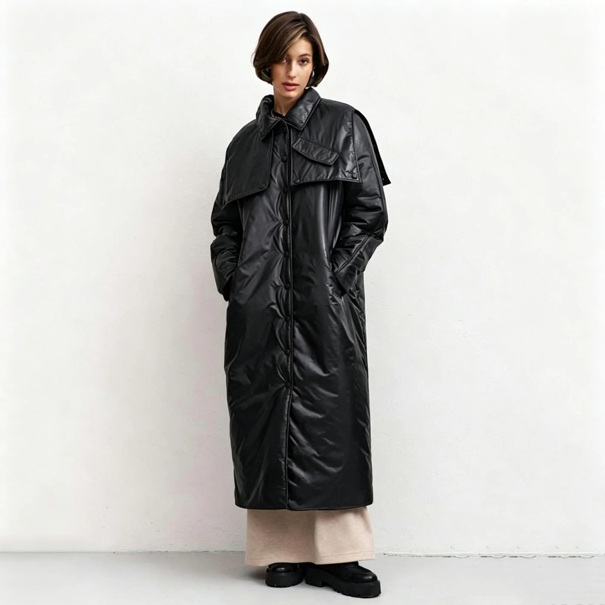 RU Women Long Puffer Coat Lapel Collar Cape Shoulder Snap Button Loose Pockets Autumn Winter Urban Warm Outerwear Jacket