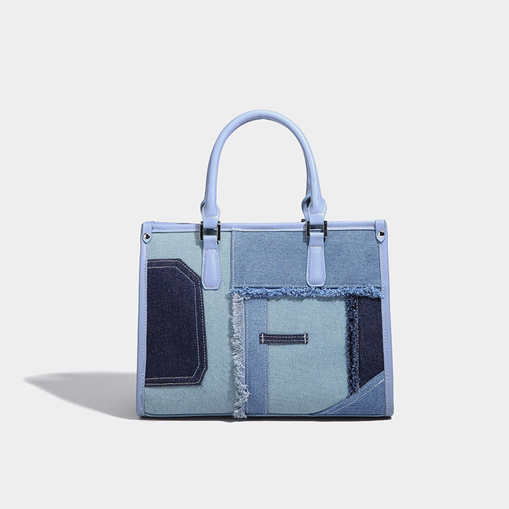 PU Leather Denim Fabric Patchwork Handbag Women Hand Carry Purse Classic Style Creative Design Daily Commute Ladies Handbag