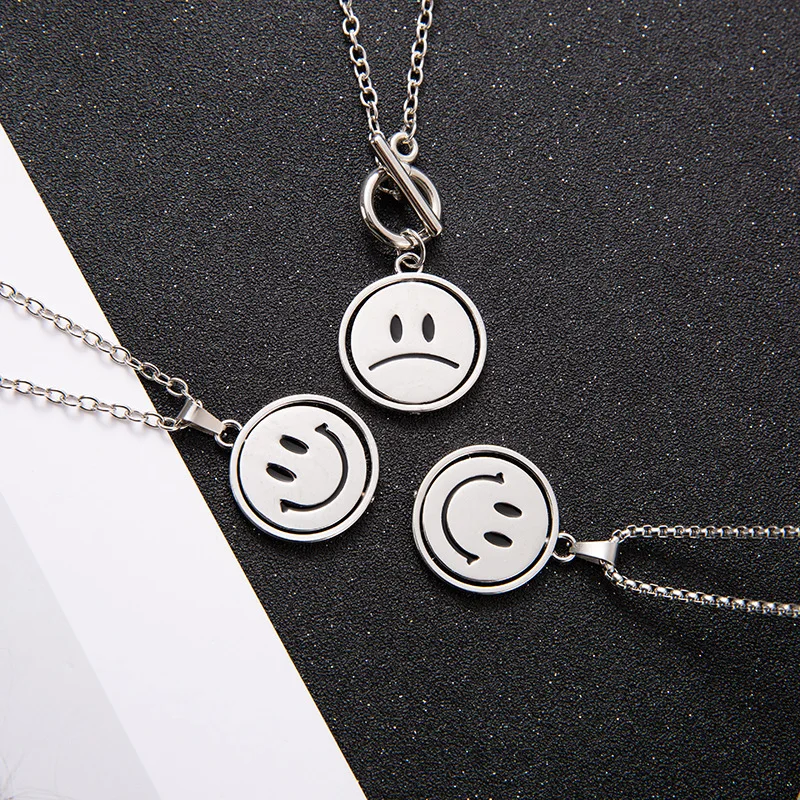 Revolving Smiling Face Necklace Stainless Steel Personality Design Men Women's Ins Hip-hop Street Double-sided Pendant Jewelry