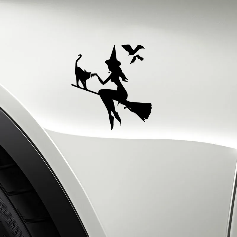 Z1084# Car Sticker For Witch On Broomstick With Cat Bats Decal Car Accessories Pegatinas Para Coche DIY Car Styling