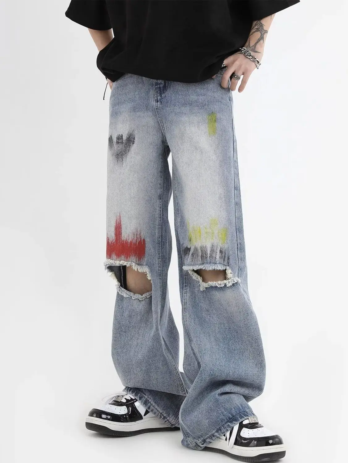 

Ink-Splashed Knee Ripped Straight Jeans Men'S Summer Narrow Version High Waist Slim And Loose Design High Street Wide-Leg Pants