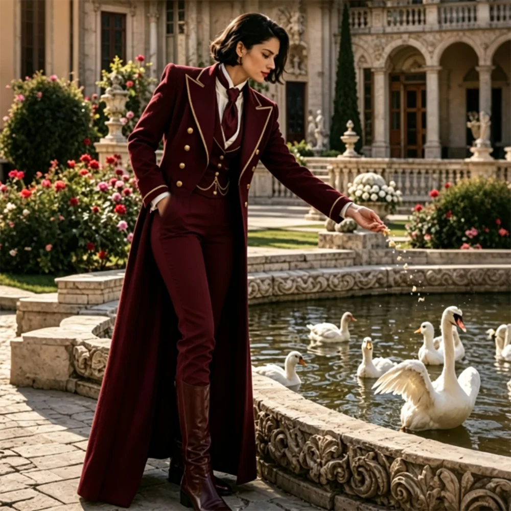Women Burgundy Classical Court-style 3 Piece Suit with Gold Trim Dramatic Long Jacket Vest Pants Vintage Formal Party Costume