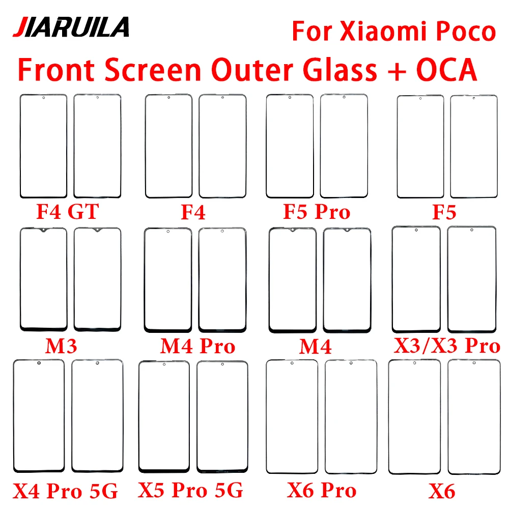 Verre extérieur d'écran avant avec OCA pour Xiaomi Poco X6 Pro F3 F4 GT C40 F5 Pro M3 M4 X3 F3 Pro X4, pièces de réparation d'objectif externe LCD