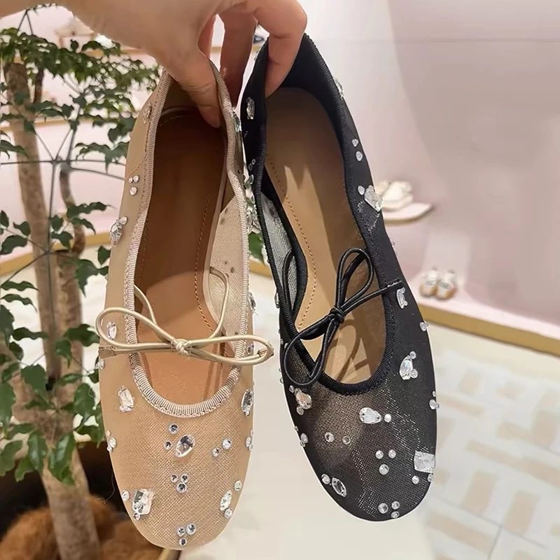 Summer Elegant Women's Sparkly Rhinestone Bow Mesh Block Low Heels Square Toe Ballet Pumps Wedding Party Dress Shoes For Ladies view 5