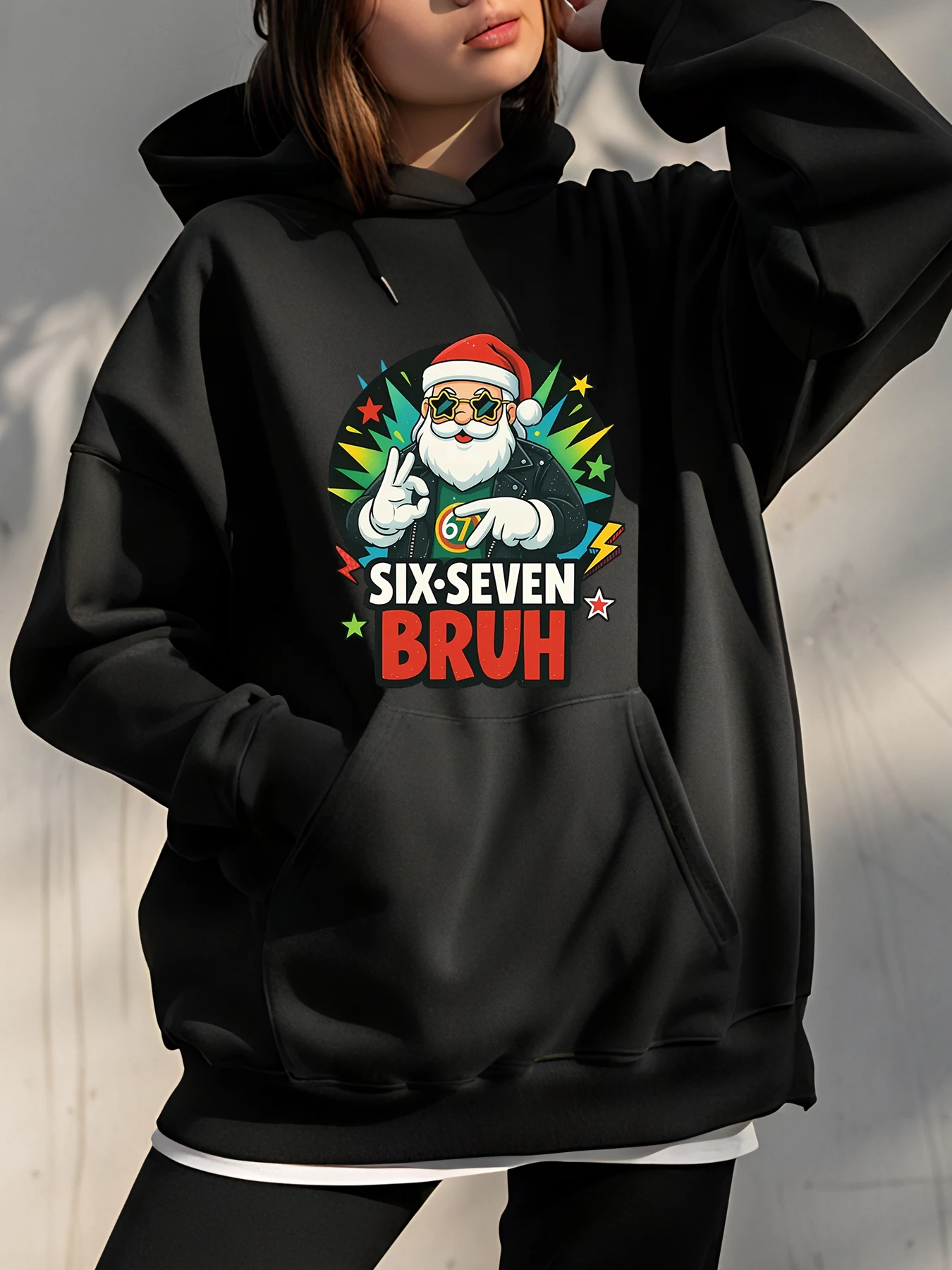 Six Seven Bruh Santa Hoodie with Colorful Stars and Peace Sign Design for Casual Wear