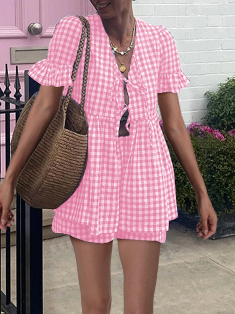 Women s Summer Plaid Outfits Ruffled Short Sleeve Tie-Up Front Peplum Tops with Elastic Waist Shorts Pajamas Pjs Sets Y2K