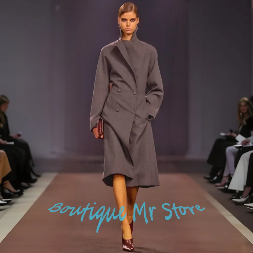 Modern Women's Gray Peak Lapel Double Breasted Long Jacket Formal Business 1 Piece Overcoat Elegant Evening Party Wedding Outfit