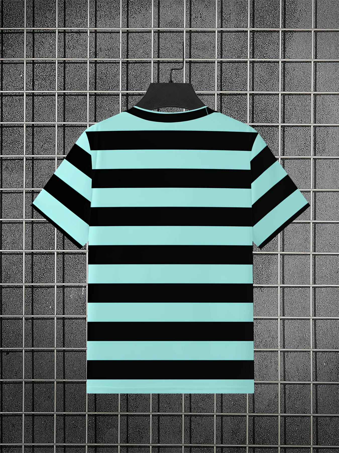 Horizontal Stripe Men T‑Shirt, Black Mint Color Block Striped Design Short Sleeve Crew Neck Outdoor Casual Top