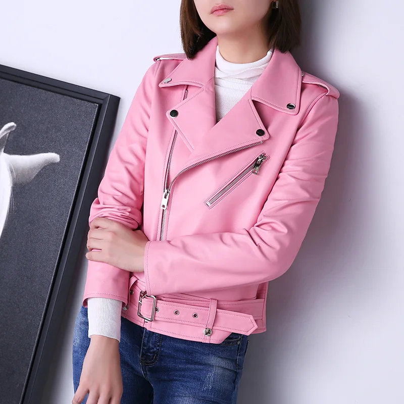 2023 Genuine Leather Jacket Autumn and Winter New Women's Zipper Belt Short and Handsome Pink Sheepskin Motorcycle Jacket Jacket