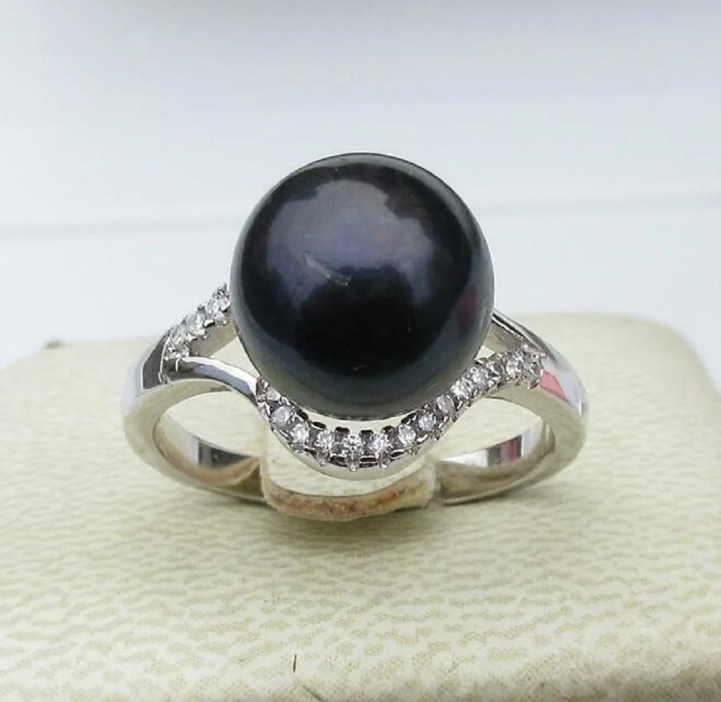 Amazing natural AAA 10-9mm Tahitian black pearl ring with adjustable size of 925S